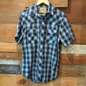 Wrangler Men's Blue Plaid Shirt With Snap Pearl Buttons